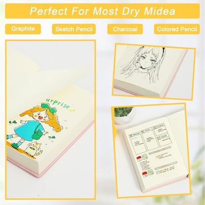 Thick Blank Journal Notebook 400 page With Pen Holder 100gsm Thick Paper，A6 Unlined Plain Sketchbook ， Small Soft Leather Unlined Pocket Blank Notebook For Women Drawing Book Memo Writing Sketch Travel Diary 3.9 × 5.5(Everything Goes Well) - color: Pink-E