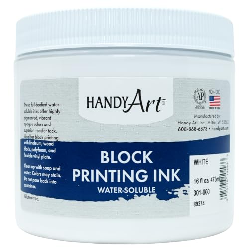 Handy Art Block Printing Ink, White, 16 oz Jar, Water-Soluble | Highly Pigmented Vibrant Opaque Color with Superior Transfer Tack, Water Soluble, Certified Safe & AP Non-Toxic, Made in USA - color: White, size: 16 Fl Oz