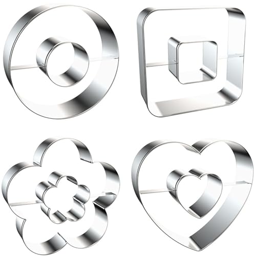 4-Piece Linzer Cookie Cutters Set - Stainless Steel Large Fondant Biscuit Molds for Birthday Party, Graduation, Christmas, and Holiday Baking DIY (Round, Square, Heart, Flower)
