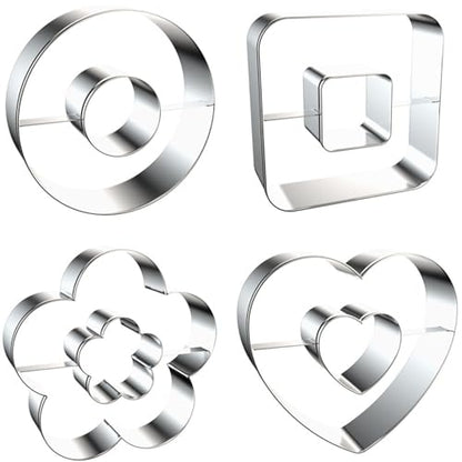 4-Piece Linzer Cookie Cutters Set - Stainless Steel Large Fondant Biscuit Molds for Birthday Party, Graduation, Christmas, and Holiday Baking DIY (Round, Square, Heart, Flower)
