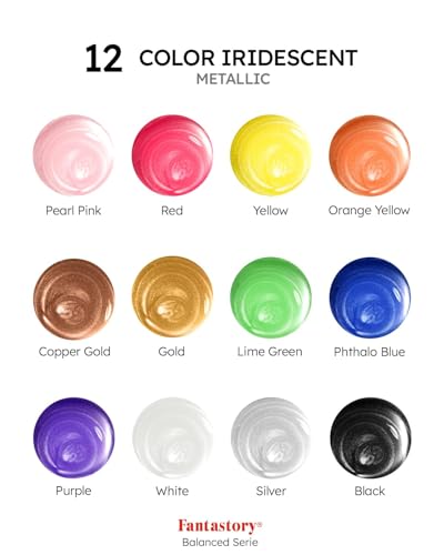 Fantastory Metallic Iridescent Acrylic Paint Set with 12 Brushes, 12 x 2oz Metallic Colors, Color-Shifting, Craft Paint Kit, Metal/Canvas/Rock/Stone/Ceramic/Model/Wood Painting [Balanced Series]. - style: 12 Balanced Metallic Colors