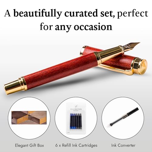 Ellington Pens Luxury Wood Fountain Pen Set – Fine Nib - Includes 6 Ink Cartridges, Wooden Pen Gift Box, Ink Converter - Wood Pen For Writing, Calligraphy, Journaling, Drawing (Rosewood Radiance) - color: Rosewood Radiance, style: Fine