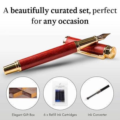 Ellington Pens Luxury Wood Fountain Pen Set – Fine Nib - Includes 6 Ink Cartridges, Wooden Pen Gift Box, Ink Converter - Wood Pen For Writing, Calligraphy, Journaling, Drawing (Rosewood Radiance) - color: Rosewood Radiance, style: Fine