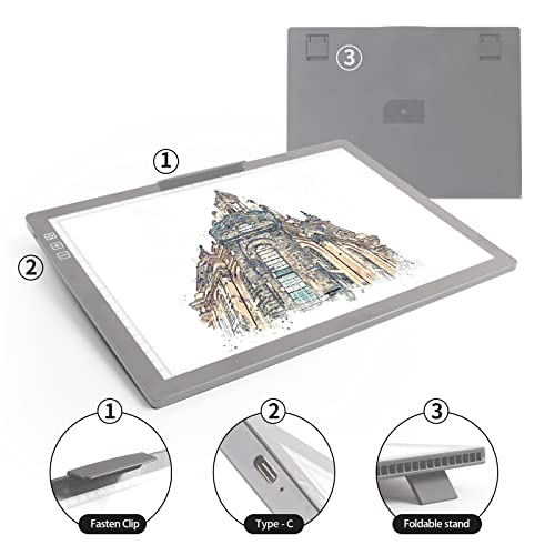 A4 Wireless LED Light Pad with Carry Bag, Innovative Stand and Top Clip, TOHETO Rechargeable Light Box Stepless Dimmable and 6 Levels Brightness Cordless Light Board for Tracing Weeding Vinyl (Grey)