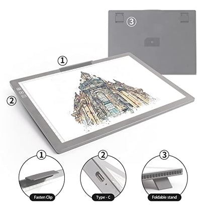 A4 Wireless LED Light Pad with Carry Bag, Innovative Stand and Top Clip, TOHETO Rechargeable Light Box Stepless Dimmable and 6 Levels Brightness Cordless Light Board for Tracing Weeding Vinyl (Grey)