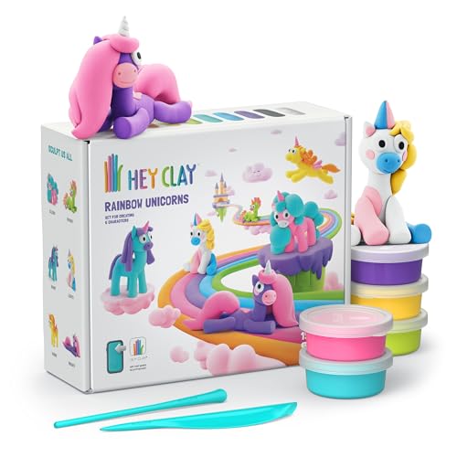Hey Clay 15 Cans Set - Colourful Modelling Kids Air-Dry Clay 15 Cans with Sculpting Tools and Fun Interactive Instructions for Children Age 3+ (Rainbow Unicorns) - style: Rainbow Unicorns