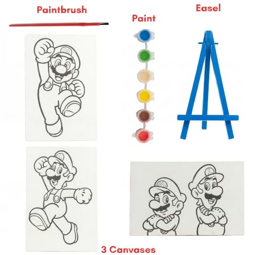 Super Mario Canvas Painting Kit for Kids, 3 Preprinted Mini Canvases for Painting, Easel, 6 Paint Pots and Brush, Acrylic Paint Set for Children - color: Super Mario