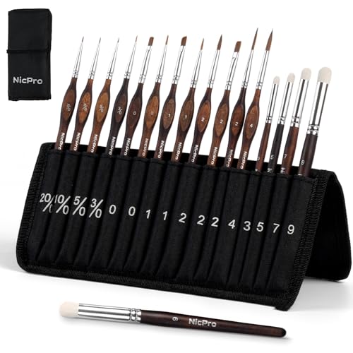 Nicpro 16 PCS Kolinsky Sable Miniature Paint Brushes Dry Brush, Professional Model Paint Brush Set with Cloth Roll, Fine Detail Artist Brush Set for Miniatures, Acrylic & Figures, Model, Watercolor - size: 16 PCS
