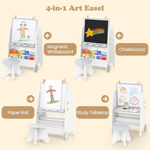 INFANS Easel for Kids with Stool, 4-in-1 Double-Sided Adjustable Magnetic Chalkboard with Paper Roll, Bookshelves, Wheels, Wooden Standing Painting Drawing Art Board for Boys Girls - style: Grey
