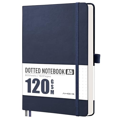 AHGXG Dotted Journal Notebook, 160 Numbered Pages, A5 Medium Size (5.7'' x 8.3''), 120 GSM Thick Paper, Leather Hardcover, for Journaling, Planning, Tracking (Blue) - color: Blue, style: Dotted