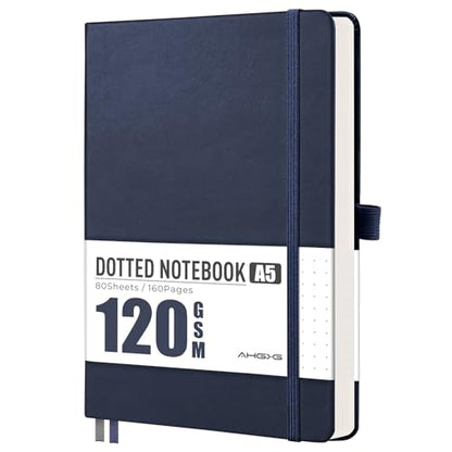 AHGXG Dotted Journal Notebook, 160 Numbered Pages, A5 Medium Size (5.7'' x 8.3''), 120 GSM Thick Paper, Leather Hardcover, for Journaling, Planning, Tracking (Blue) - color: Blue, style: Dotted