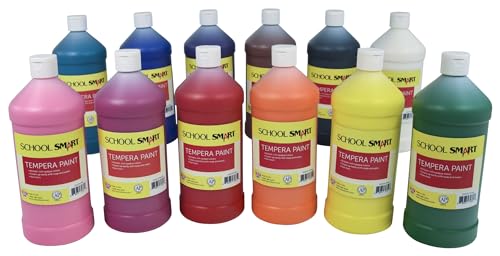 School Smart Tempera Paints for School and Arts and Crafts Use, 32 Ounces Each, Assorted Colors, Set of 12