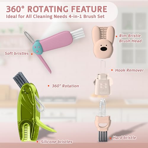 Cup Lid Cleaning Brush, Multifunctional Set with 3 in 1 Lid Cleaner and Two 4 in 1 Cup Lid Cleaning Brushes, Cleaning Brush Tool for Bottles, Straws, Tumblers, Travel Mug Caps, Portable Kit (Pink) - color: Pink