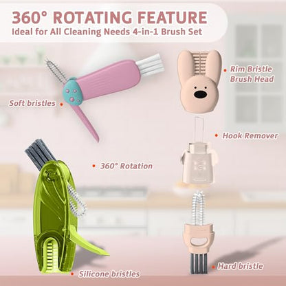 Cup Lid Cleaning Brush, Multifunctional Set with 3 in 1 Lid Cleaner and Two 4 in 1 Cup Lid Cleaning Brushes, Cleaning Brush Tool for Bottles, Straws, Tumblers, Travel Mug Caps, Portable Kit (Pink) - color: Pink