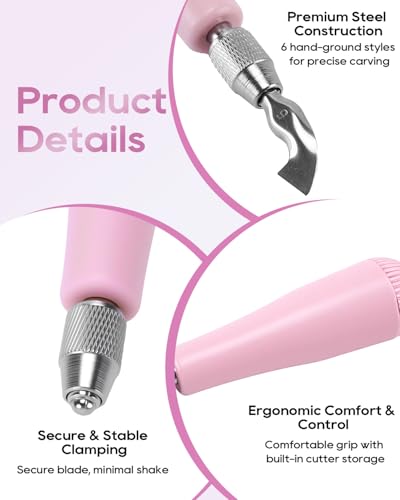 UCEC Linocut Carving Kit – 6-Blade Carving Kit for Stamp Making, Linocut Tools for Block Printing & Printmaking – Ergonomic Handle, Portable Design (Pink) - color: 1pc Linoleum Knife(pink)