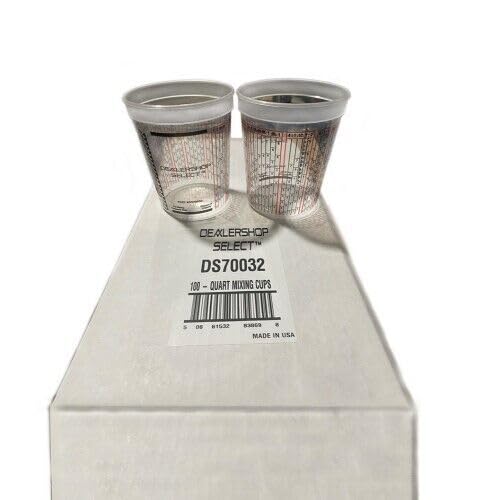 Disposable Solvent Resistant Cups with Graduations for Paint Mixing, Epoxy Resin Pour, Acrylic Paint and Stain 1 Quart 32 oz. Cups, 100 pack, for Body Shops, DIY, Garages, Dealerships, Made in USA