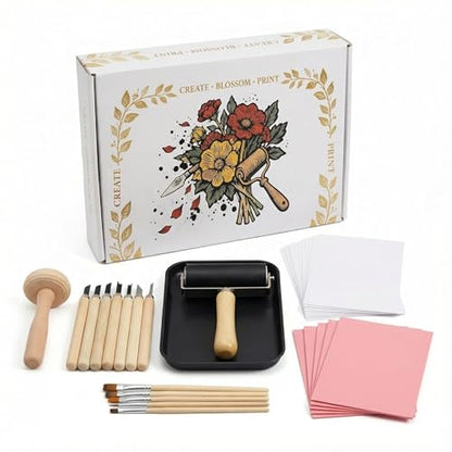 Lnncdsc Linocut Kit for Beginners & Adults – Complete Block Printing Supplies with Carving Tools, Brayer, 5 Pack 4×6 inch Linoleum Blocks for DIY Stamp Making, Home Art Projects, Classroom Crafts.
