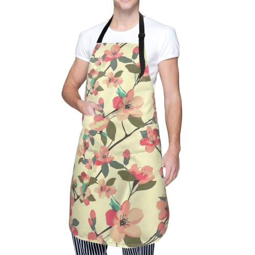 Cream Pastel Wildflower Art Waterproof Apron with Pockets | Garden Aprons for Men Women Adjustable Bib Apron for Cooking Kitchen Baking BBQ Painting Housework Oil Resistant - color: Apricot Blossom Boughs