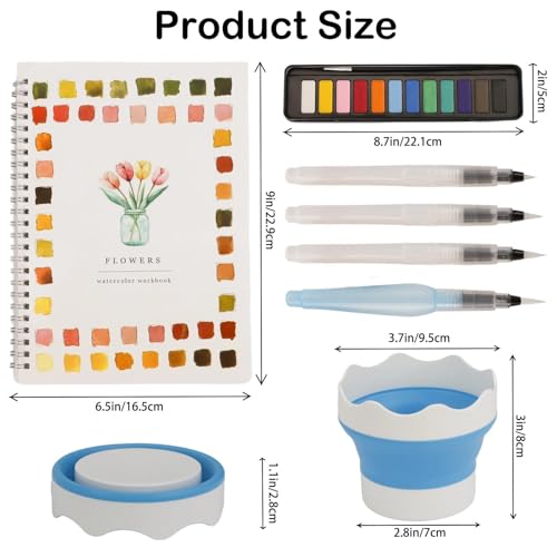 Adult Beginner Art Kit with Coloring Workbook, 12 Color Pigment Paint, Paintbrushes & Brush Washer for Teens Painting