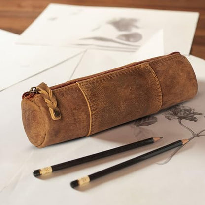 Leather Pencil Case -100% Leather Zippered Pen Pouch - Stationery Bag Pen Holder for Work & Office (Antique Brown) - color: Antique Brown
