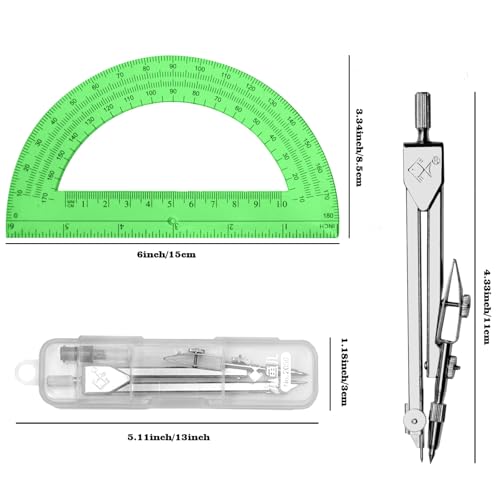 Students Geometry Math Set, Drawing Compass and 6 Inch Transparent Swing arm Protractor 180 Degree Math Protractor (Green) - color: Green