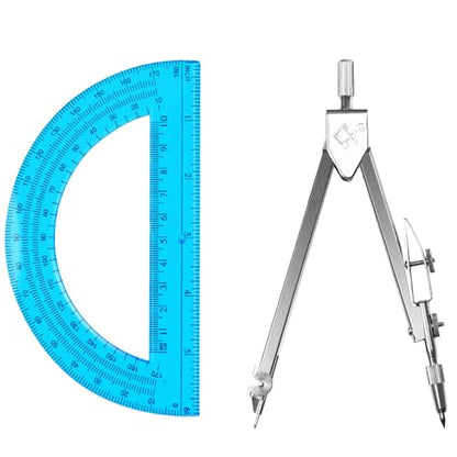 Students Geometry Math Set, Drawing Compass and 6 Inch Transparent Swing arm Protractor 180 Degree Math Protractor (Blue) - color: Blue