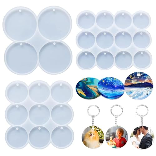 Resin Molds Silicone 25-Cavity Set of Large + Medium + Small Shiny Flat Circle Silicone Molds for Resin, Drilled Round Resin Keychain Molds, Earring Molds, Pendant Molds,Pet Tag Resin Molds - color: Round Silicone Molds