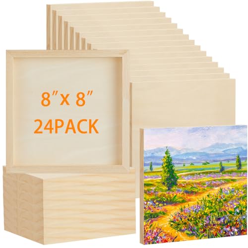 Barydat 24 Pcs Wood Panels for Painting 8'' x 8'' Unfinished Wood Canvas Board Artist Wall 0.79'' Deep Wooden Cradled Panels for DIY Crafts, Easel Display, Painting Pouring Arts Use with Oils, Acrylic - size: 8" X 8"