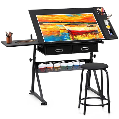 ZENY Adjustable Drafting Table with Stool, Tilting Drawing Desk Artist Table with Storage Drawers, Art Craft Workstation for Home Office Reading, Writing, Crafting - color: Black