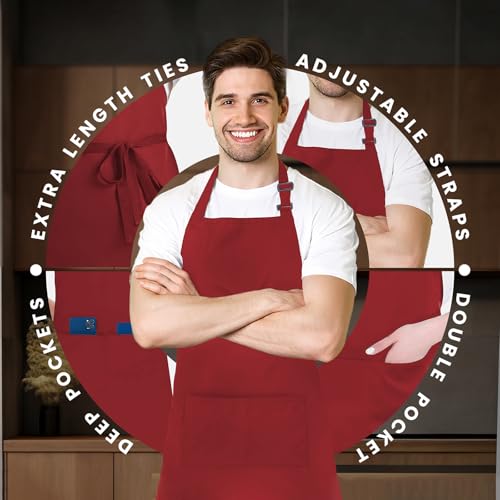 Adjustable Bib Apron 100% Polyester Kitchen Aprons Waterdrop Resistant Aprons with Adjustable Strap, Pockets & Long Ties - color: Red, style: Pack of 12