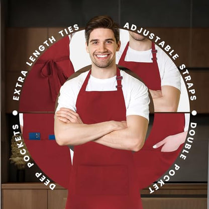 Adjustable Bib Apron 100% Polyester Kitchen Aprons Waterdrop Resistant Aprons with Adjustable Strap, Pockets & Long Ties - color: Red, style: Pack of 12