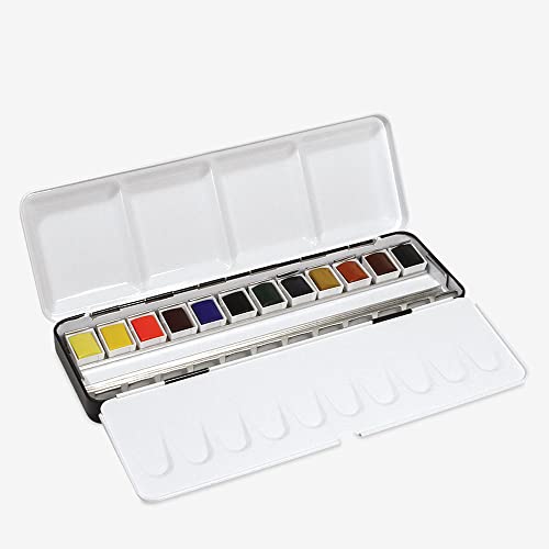 Daler-Rowney Aquafine Watercolour Paint, Half Pan, Tin Set, 12 Assorted Colours