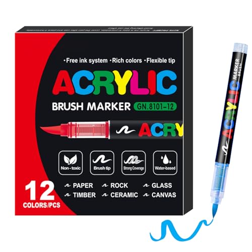 KsopiaVobs 12 Color Acrylic Paint Pens, Soft Brush Tip Acrylic Paint Markers,Quick-Drying Waterproof Acrylic Markers for Canvas, Rock Painting, Wood, Stone, Glass, Ceramic, Fabric Painting, DIY Crafts - color: 12 Color