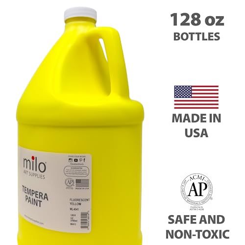 milo Fluorescent Yellow Neon Tempera Paint | 128 oz Bottle, 1 Gallon | Glows UV in Black Light | Non-Toxic Made in USA | Bulk Art Paint for Party, Student, Classroom, Artist - color: Fluorescent Yellow