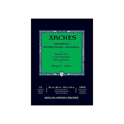 Arches Watercolor Pad 9 x 12 inches Natural White 100% Cotton Paper - 12 Sheet Arches 140 lb Cold Press Pad.