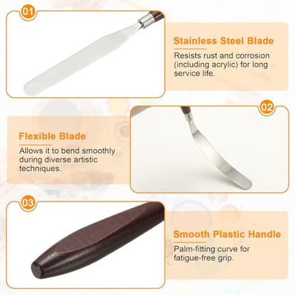 HARFINGTON 5pcs Palette Knife Painting Tool 4.33 x 0.67 Stainless Steel Art Spatula Pallet Knives Scrapers Tools with Beech Wood Handle for Acrylic Oil Canvas Mixing Spreading, Red/Silver