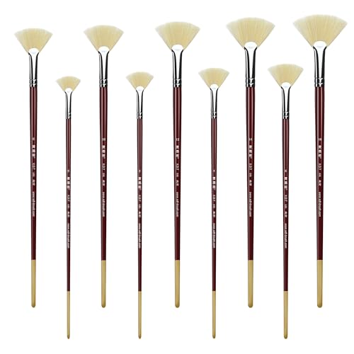 XDT#646 Fan Artist Paint Brush 9 Piece Set Medium Stiff Hog Bristle Extra Long Handle #0#2#4#6#8#10#12#14#16, Acrylic Oil Watercolor - size: Hog Bristle 9Pc