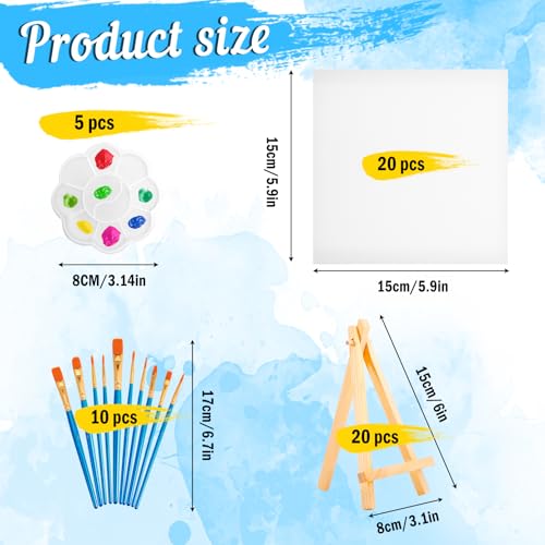 20 Pack Mini Canvas and Easel Set, 5.9 X 5.9 inch Small Painting Canvas Panel with Mini Easel, Mini Canvases with 10 Brushes & 5 Paint Tray,Art Canvases Painting Kit for Birthday Party Favors