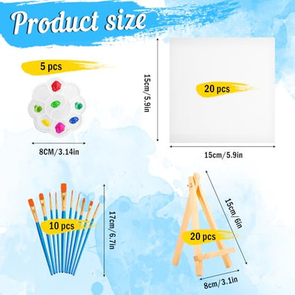 20 Pack Mini Canvas and Easel Set, 5.9 X 5.9 inch Small Painting Canvas Panel with Mini Easel, Mini Canvases with 10 Brushes & 5 Paint Tray,Art Canvases Painting Kit for Birthday Party Favors