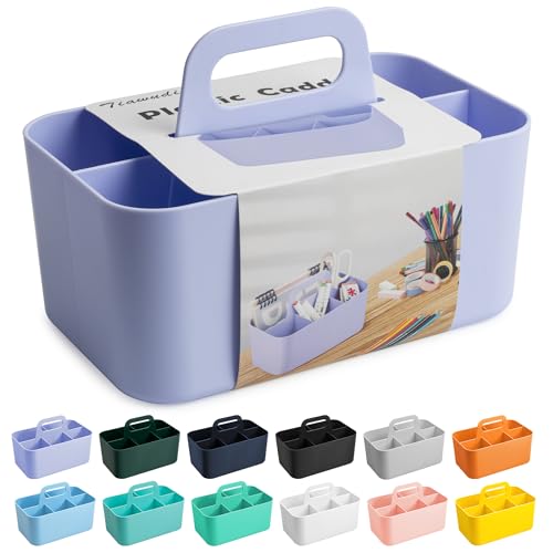 Tiawudi Multipurpose Caddy Organizer, Plastic Caddy with Handle, Stackable Desk Organizer for Stationery, Marker and Pencil, Office Supplies Organizer, Dorm Caddy - color: Violet