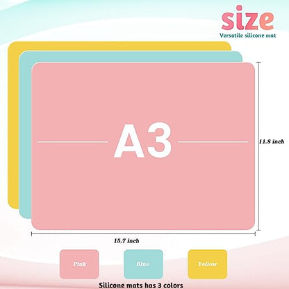 Actvty 3 Pack Silicone Mats, 15.7"x 11.8" Silicone Sheets for Crafts, Placemat, Resin Casting Molds Mat, Jewelry Casting Supplies (Pink Blue Yellow)