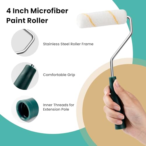 Paint Roller Kit, 17 Pack, 4 Inch Paint Roller, Small Paint Roller with Tray Liners, Paint Brushes for Walls, Microfiber Roller Covers, Mini Paint Kit for Painting Doors, Cabinets and Home - color: 4" paint roller kits, paint brush