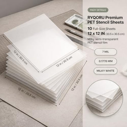 Blank Mylar Stencil Sheets, 10 Pack 12 x 12 Inch, 7 Mil Milky Translucent PET Plastic Sheets for Cutting Machines, Laser Cutting, Reusable Template Material