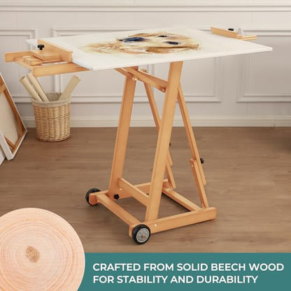 VISWIN Studio H-Frame Easel, Tilting Flat & Adjustable Beech Wood Art Easel for Painting, Movable Large Easel Stand for Adults, Artists, Hold 1 or 2 Canvas up to 78" - Natural - color: Natural