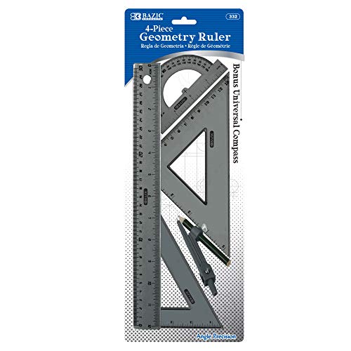 BAZIC Math Geometry Set 5 Pieces, Compass, Protractor, Ruler, 2 Triangle Rulers, Plastic Clear Measuring Sets for Students Professional, 1-Pack | 4-piece geometry set (12 in ruler; 30/60 and 45/90 triangles; 180-degree protractor) plus a compass