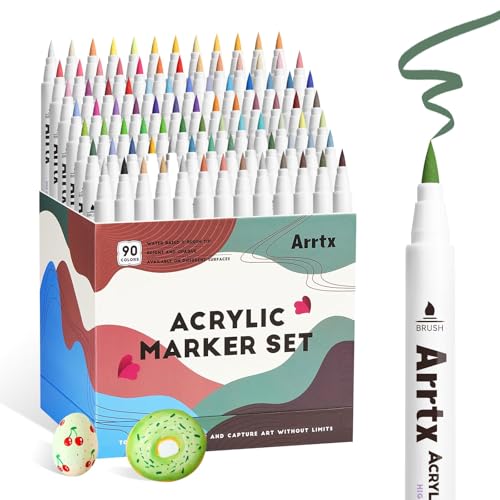 Arrtx 90 Colors Paint Markers, Acrylic Paint Pens for Artists Adults Coloring Drawing - Extra Brush Tip for Rock Painting, Wood, Canvas, DIY Crafts Making Art Supplies