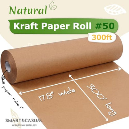 SMART&CASUAL 17.8"×3,600"(300') Brown Kraft Wrapping Paper for Craft Gift Bulletin Board Banner Bouquet Flower Table Covering Packing Shipping Moving 70GSM 50LB - color: Brown, size: 17.8" x 3600"