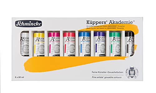 Schmincke - Küppers Gouache, basic color set, 8 x 2,03 fl oz / 60 ml tubes, 72 010 097, 8 colors in cardboard box set, highly opaque, selected pigments, color theory