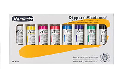 Schmincke - Küppers Gouache, basic color set, 8 x 2,03 fl oz / 60 ml tubes, 72 010 097, 8 colors in cardboard box set, highly opaque, selected pigments, color theory