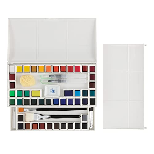 Marie's Artist Watercolor Paint Set - Professional Plein Aire Kit High Pigment & Brushes for Artsits, Painters, Students, & More! - 48 Half Pans Assorted Colors